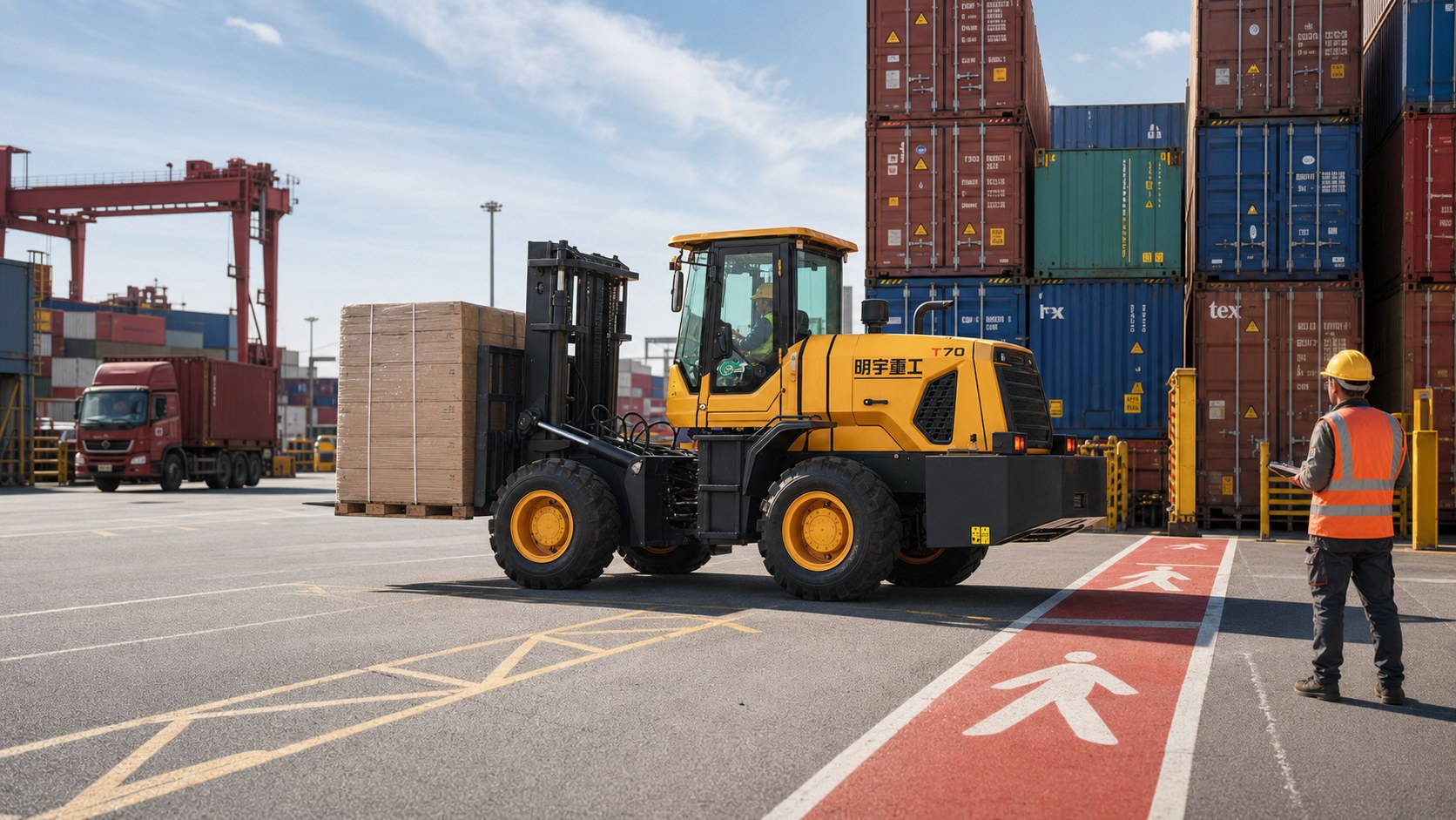MYZG 7T Off-Road Forklift operating in a connected safety scene