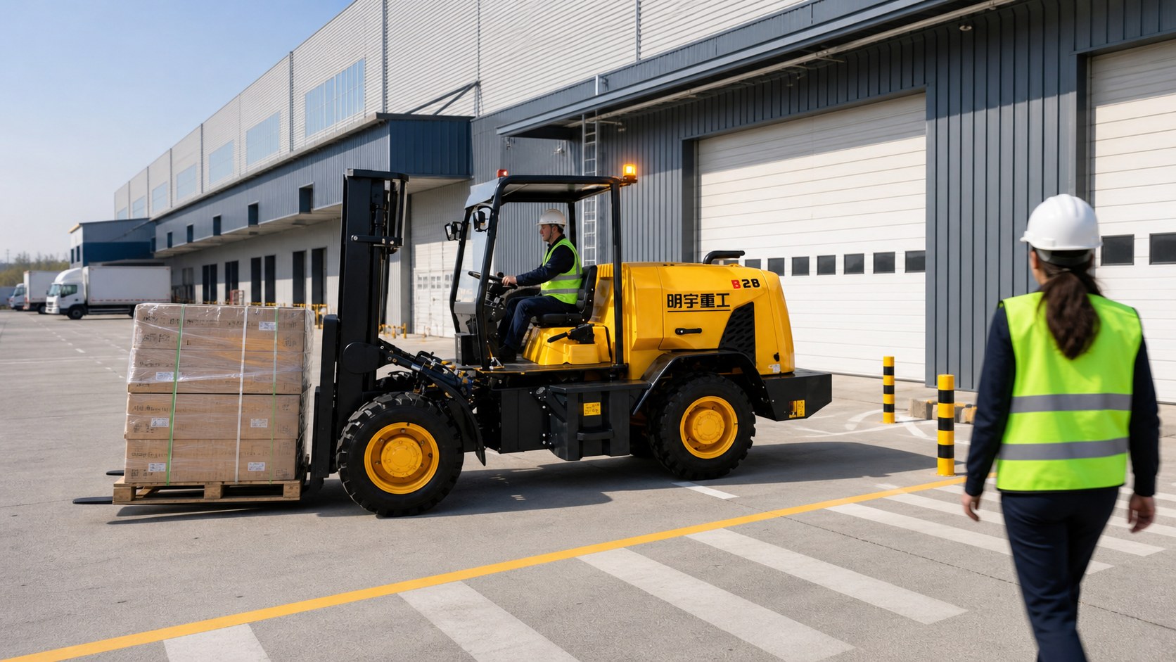 MYZG B28 3.0T Rough Terrain Forklift operating in a connected safety scene