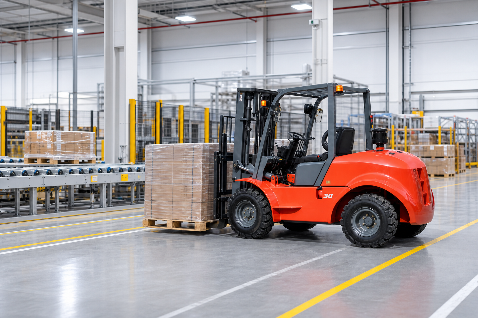 MYZG rough-terrain forklift connecting an outdoor yard with a smart warehouse
