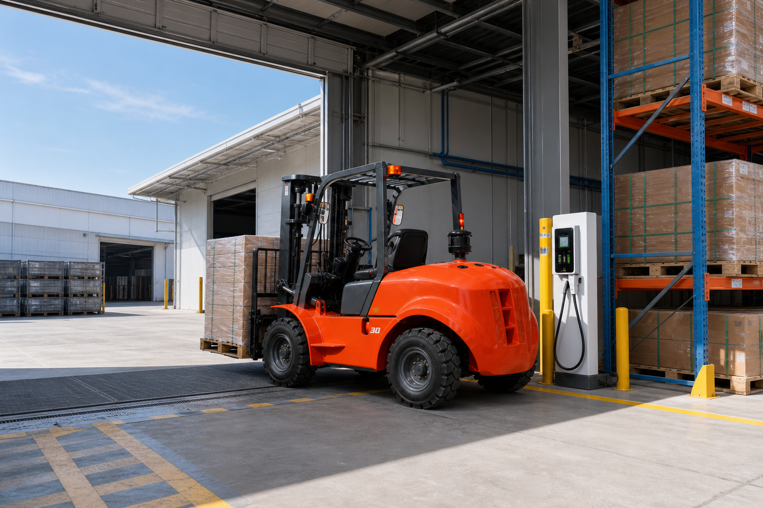 Connected MYZG forklift fleet staging and predictive maintenance scene