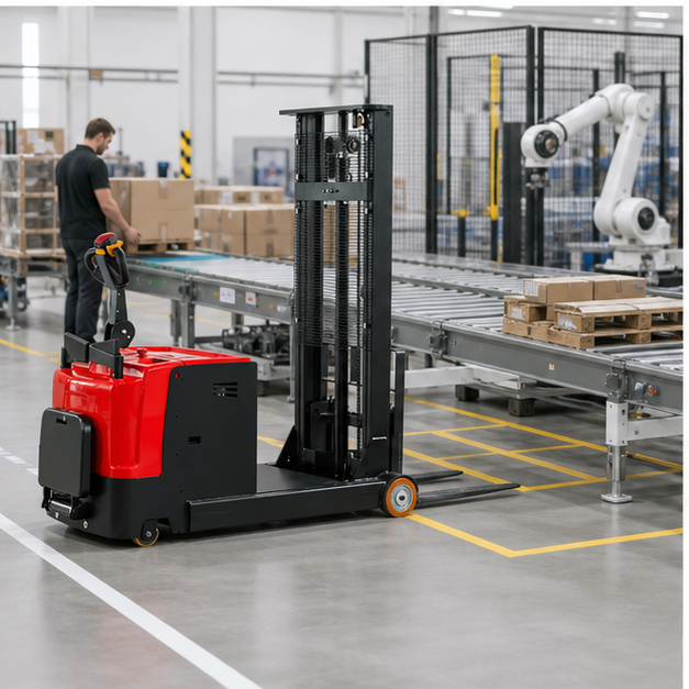 MYCDDH All-terrain Electric Pallet Stacker in a 2026 operating scene