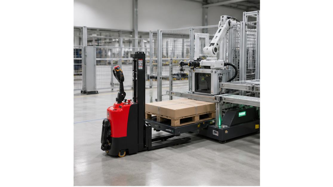 MYCDDG Economical Electric Pallet Stacker in a bright 16:9 operating scene