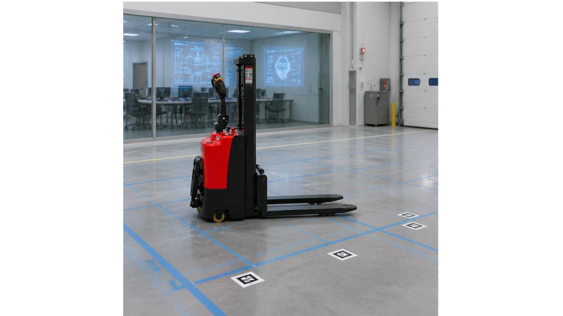 MYCDDD Electric Pallet Stacker in a bright 16:9 operating scene