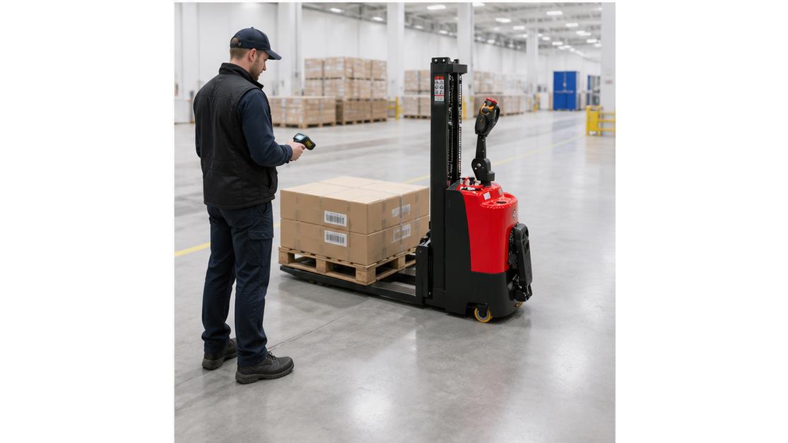MYCDDA Electric Pallet Stacker in a bright 16:9 operating scene