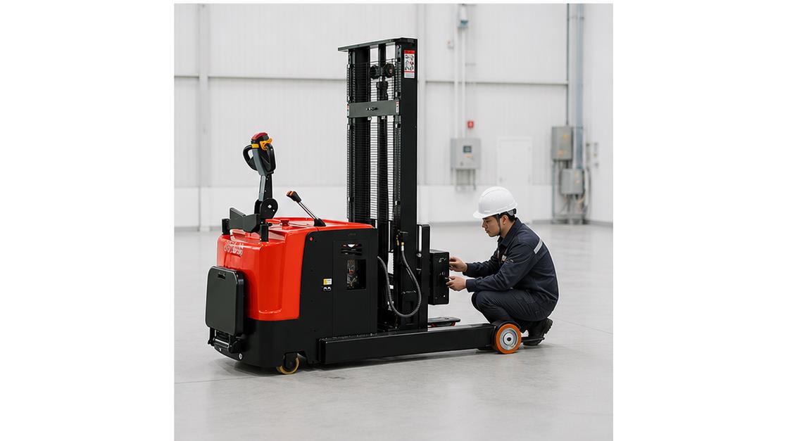 MYCPDB08-10 Short-axis Electric Counterbalanced Stacker in a bright 16:9 operating scene