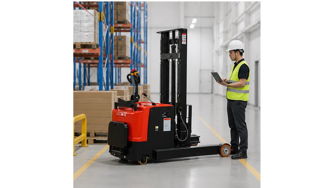 MYCQDA Electric Reach Stacker in a bright 16:9 operating scene