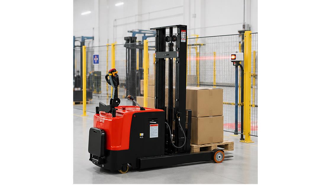 MYSBD Semi electric Pallet Stacker in a bright 16:9 operating scene