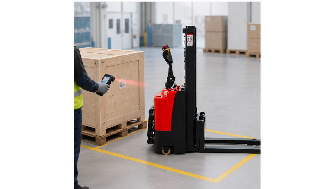 MYCDDD Electric Pallet Stacker in a bright 16:9 operating scene
