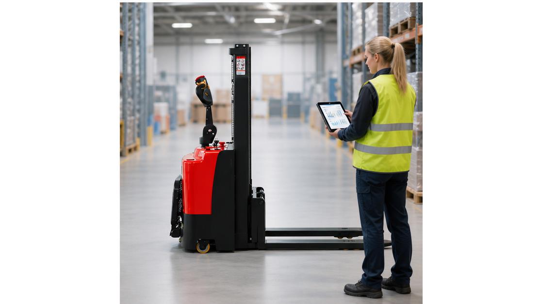MYCDDA Electric Pallet Stacker in a bright 16:9 operating scene