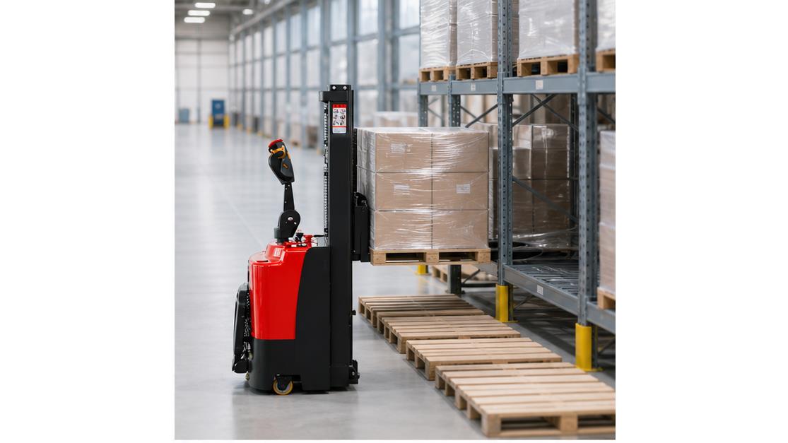MYCDDG Economical Electric Pallet Stacker in a bright 16:9 operating scene