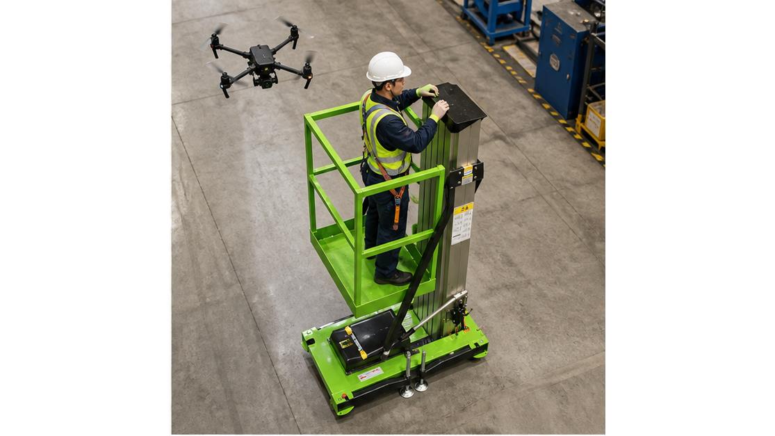 ZG-DZ-10SD Single-mast Aluminum Alloy Lift in a bright 16:9 operating scene
