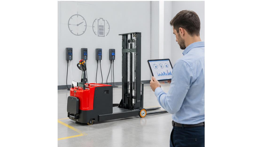MYCDDE Electric Pallet Stacker in a bright 16:9 operating scene