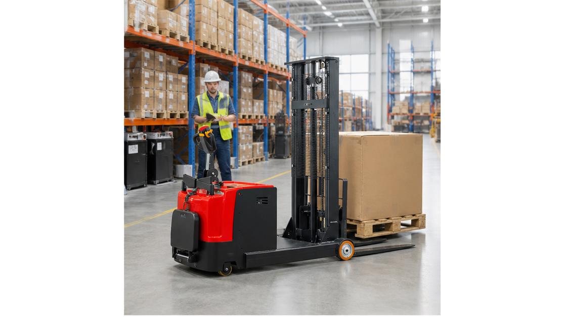 MYCPDB Electric Counterbalanced Stacker in a bright 16:9 operating scene