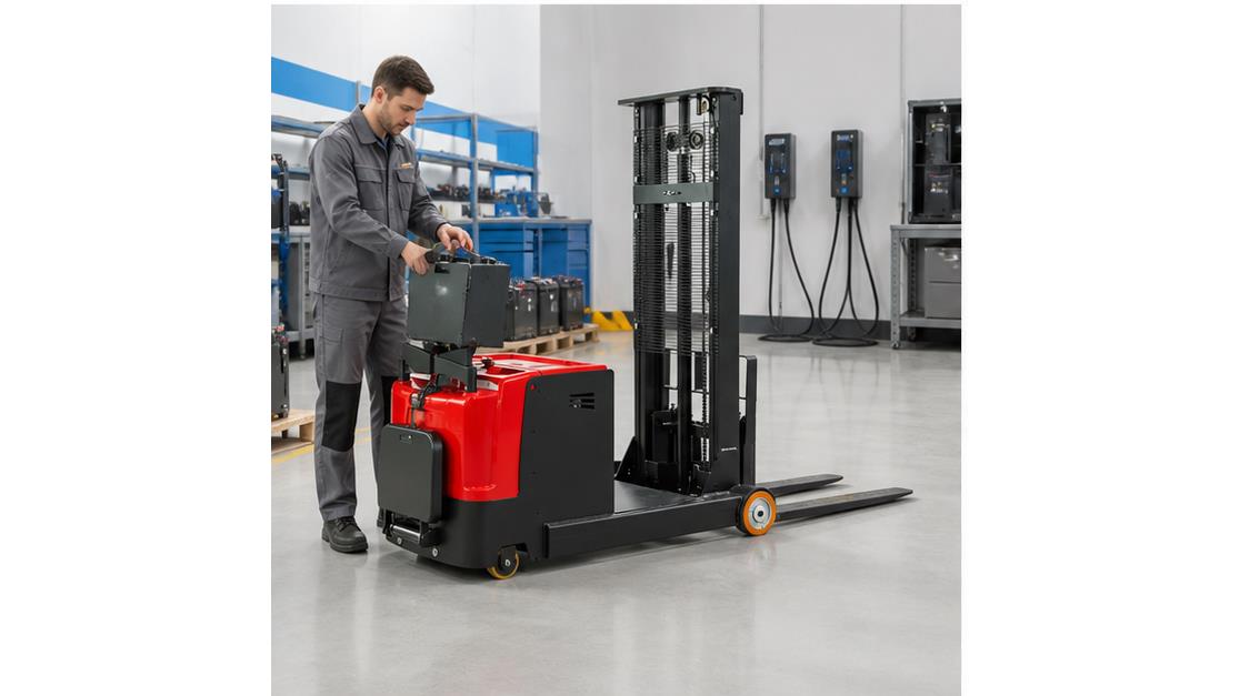 MYCDDH All-terrain Electric Pallet Stacker in a bright 16:9 operating scene