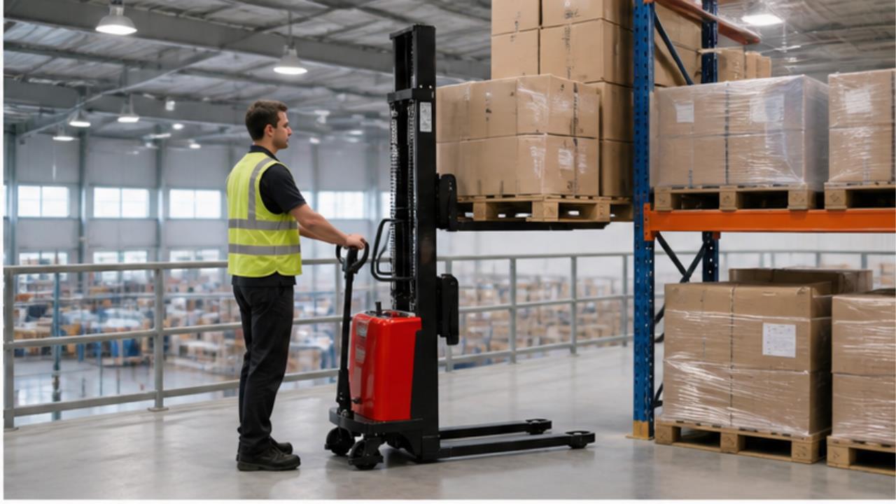 SBD Semi-electric Pallet Stacker in a bright operating scene
