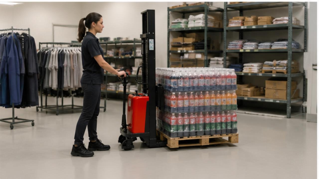 MYCPDB08-10 Short-axis Counterbalanced Stacker in a bright operating scene