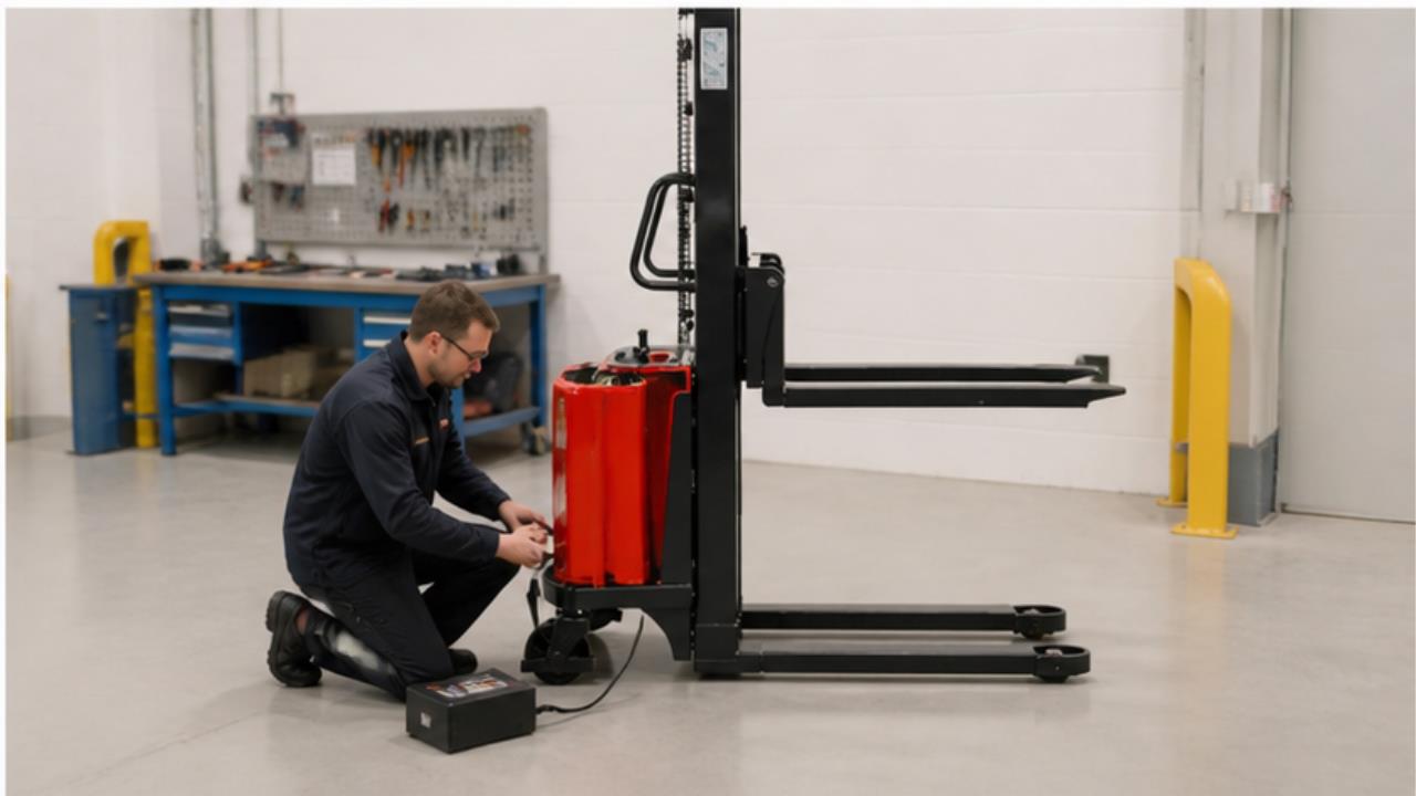 MYCQDA Electric Reach Stacker in a bright operating scene