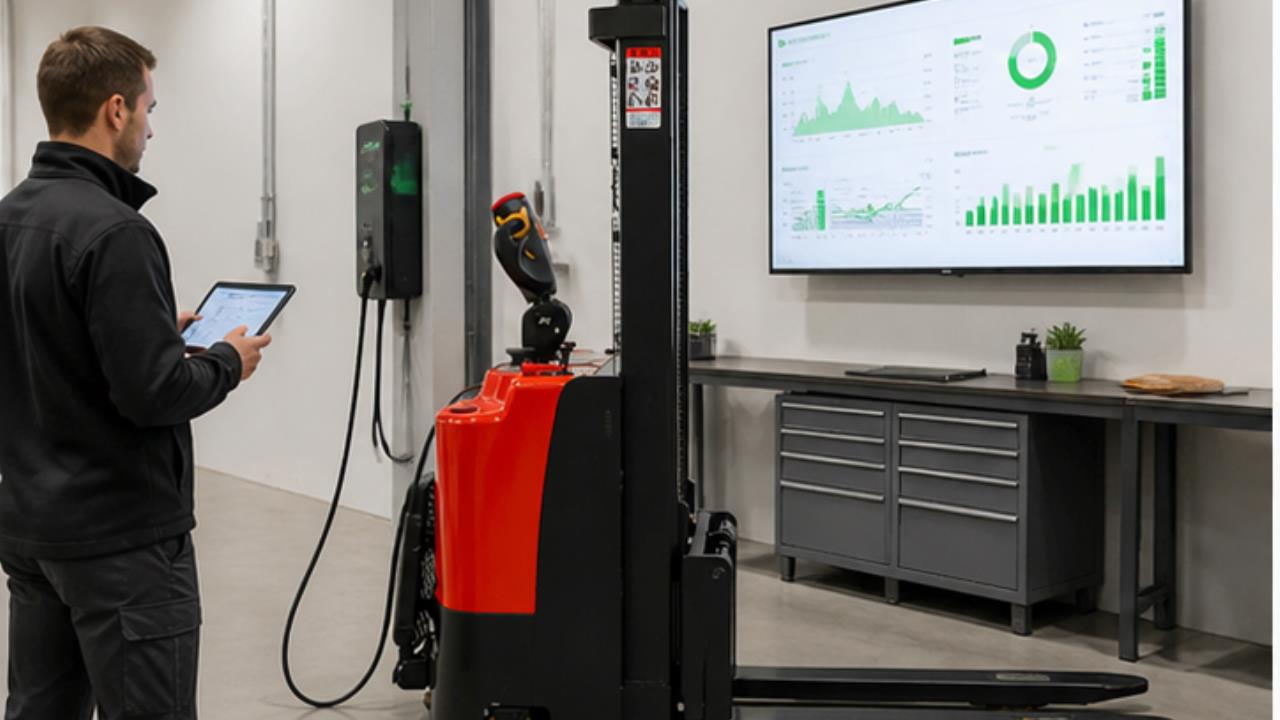 MYCDDA Electric Pallet Stacker in a bright 16:9 operating scene