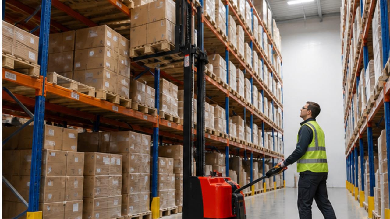 CDDG Electric Pallet Stacker in a bright 16:9 operating scene