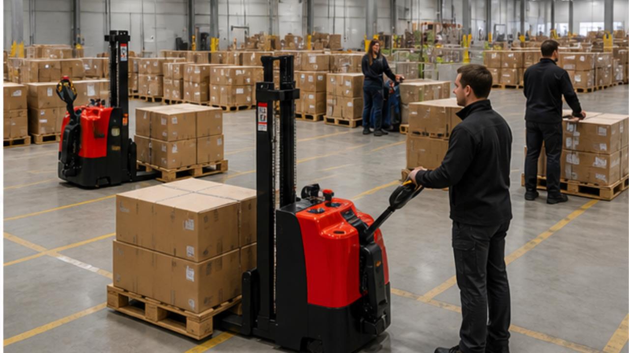 MYCDDD Electric Pallet Stacker in a bright 16:9 operating scene