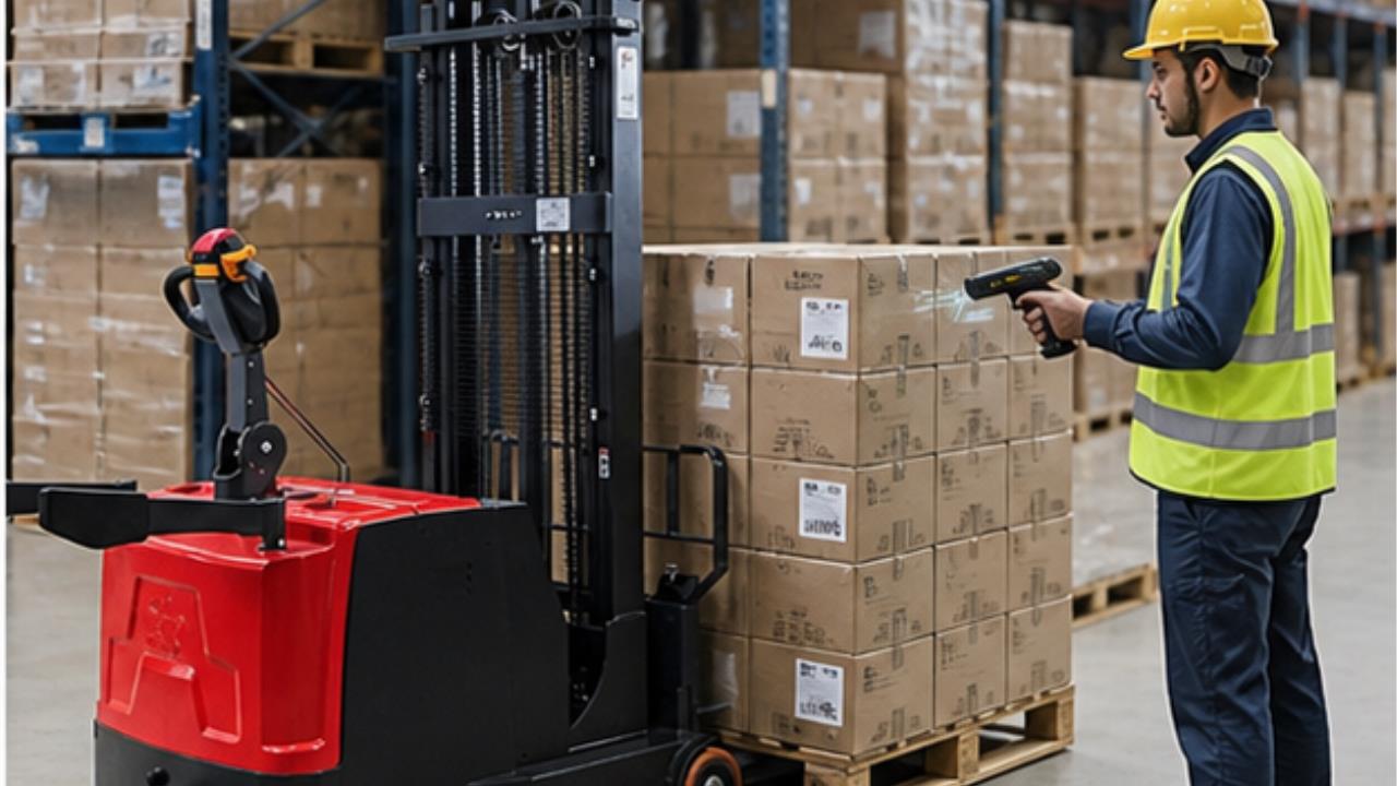 MYCPDB Electric Counterbalanced Stacker in a bright 16:9 operating scene