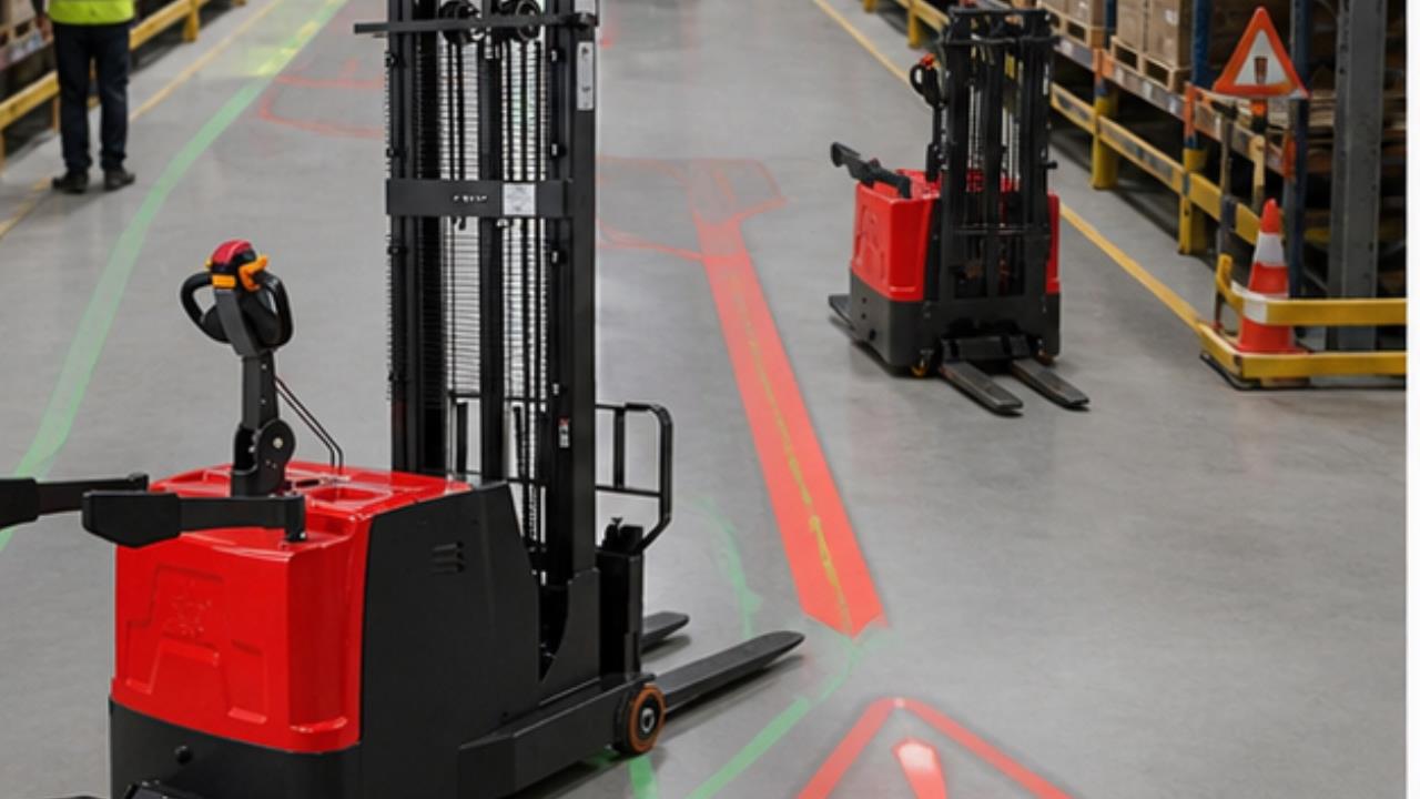 MYCDDH All-terrain Electric Pallet Stacker in a bright 16:9 operating scene
