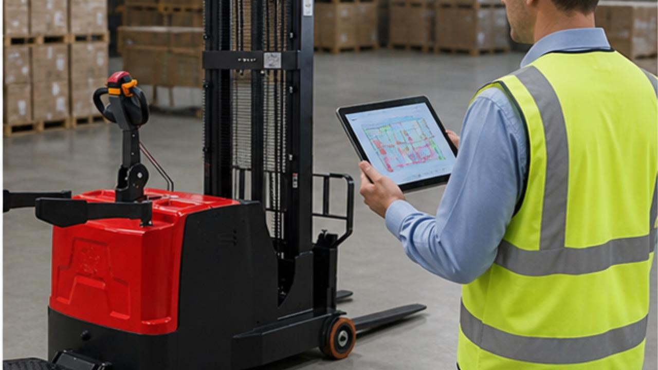 MYCDDE Electric Pallet Stacker in a bright 16:9 operating scene