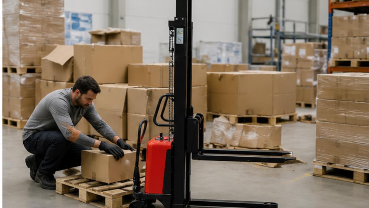SBD Semi-electric Pallet Stacker in a bright 16:9 operating scene