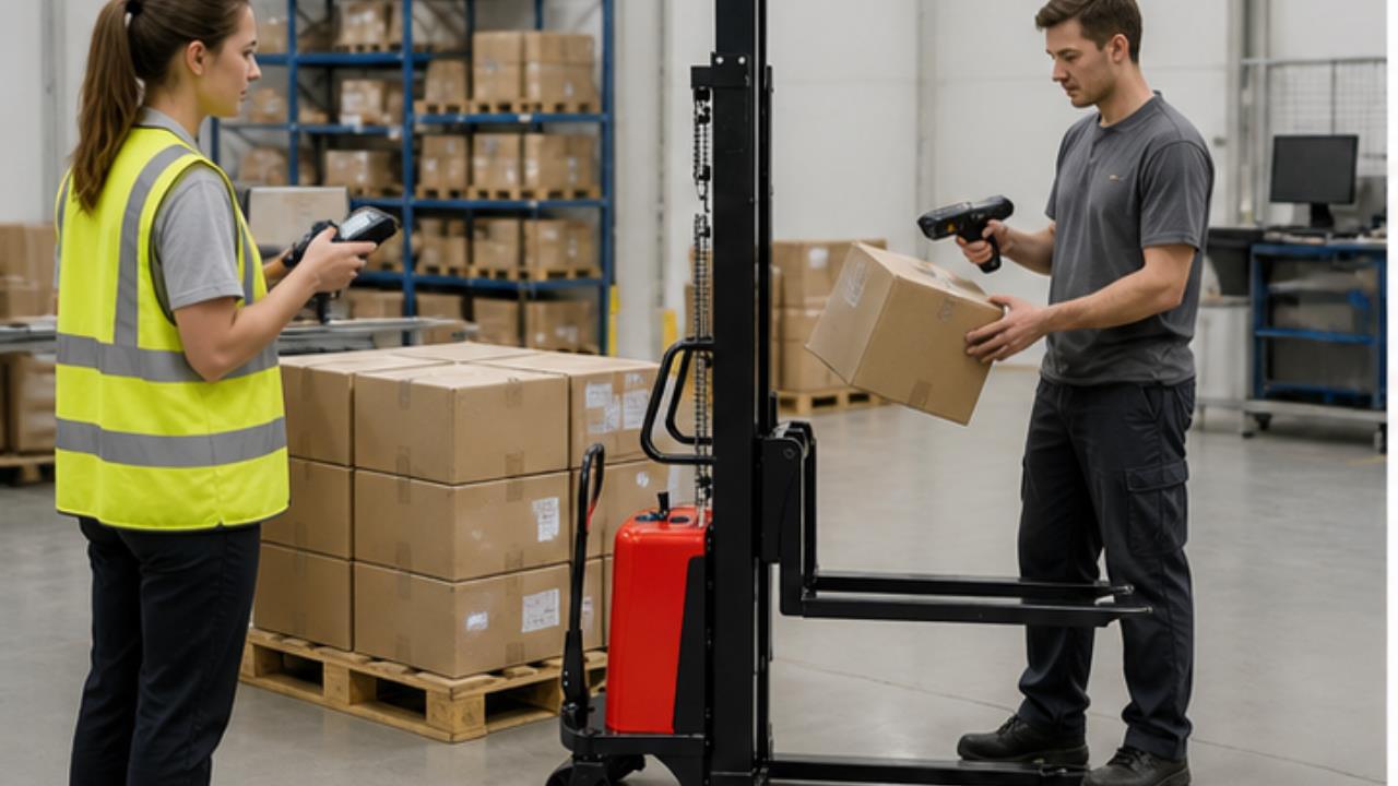 MYCQDA Electric Reach Stacker in a bright 16:9 operating scene