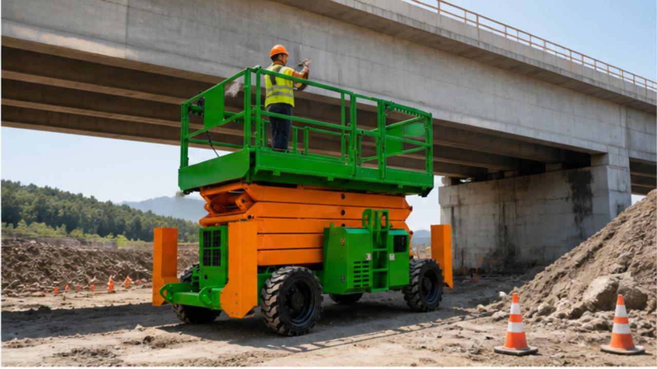 ZG-YY Off-road Scissor Lift in a bright 16:9 operating scene