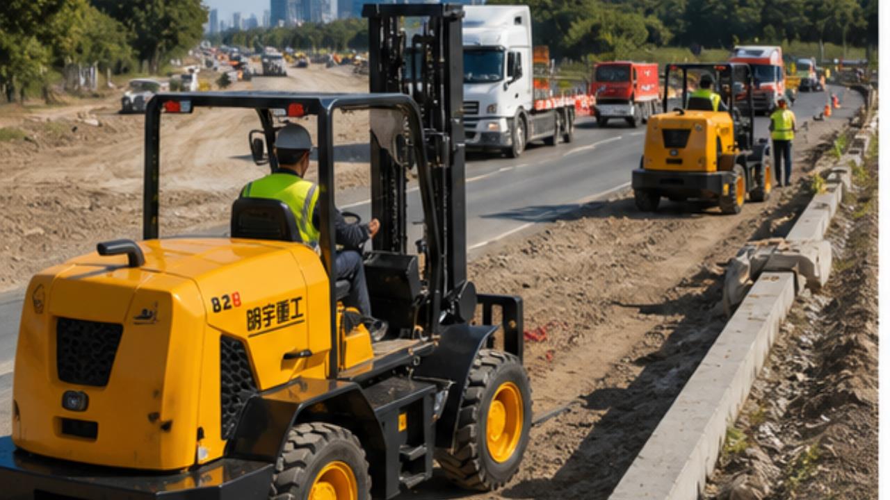 5T Off-road Forklift in a bright 16:9 operating scene