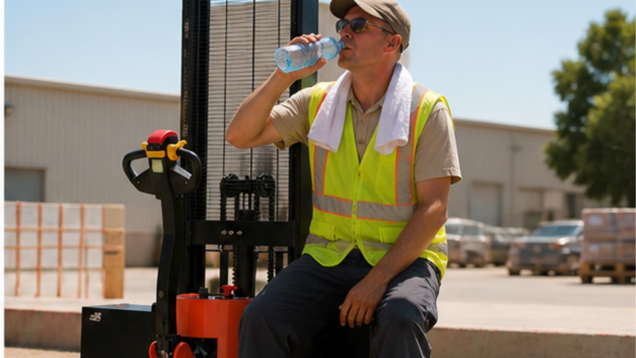 MYCDDH All-terrain Electric Pallet Stacker in a bright 16:9 operating scene