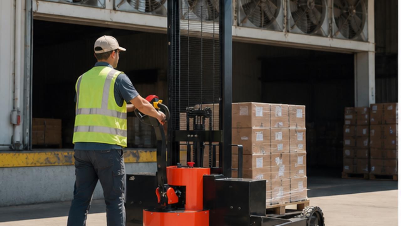 MYCDDA Electric Pallet Stacker in a bright 16:9 operating scene