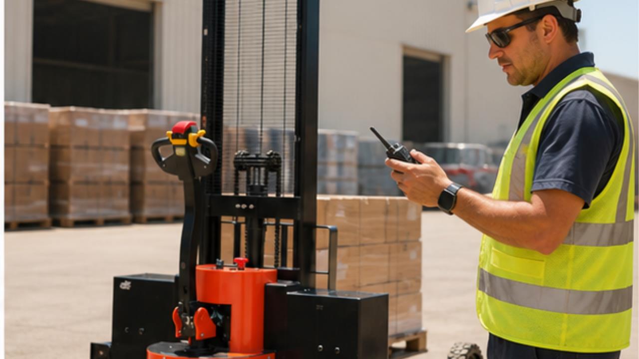 CDDG Electric Pallet Stacker in a bright 16:9 operating scene