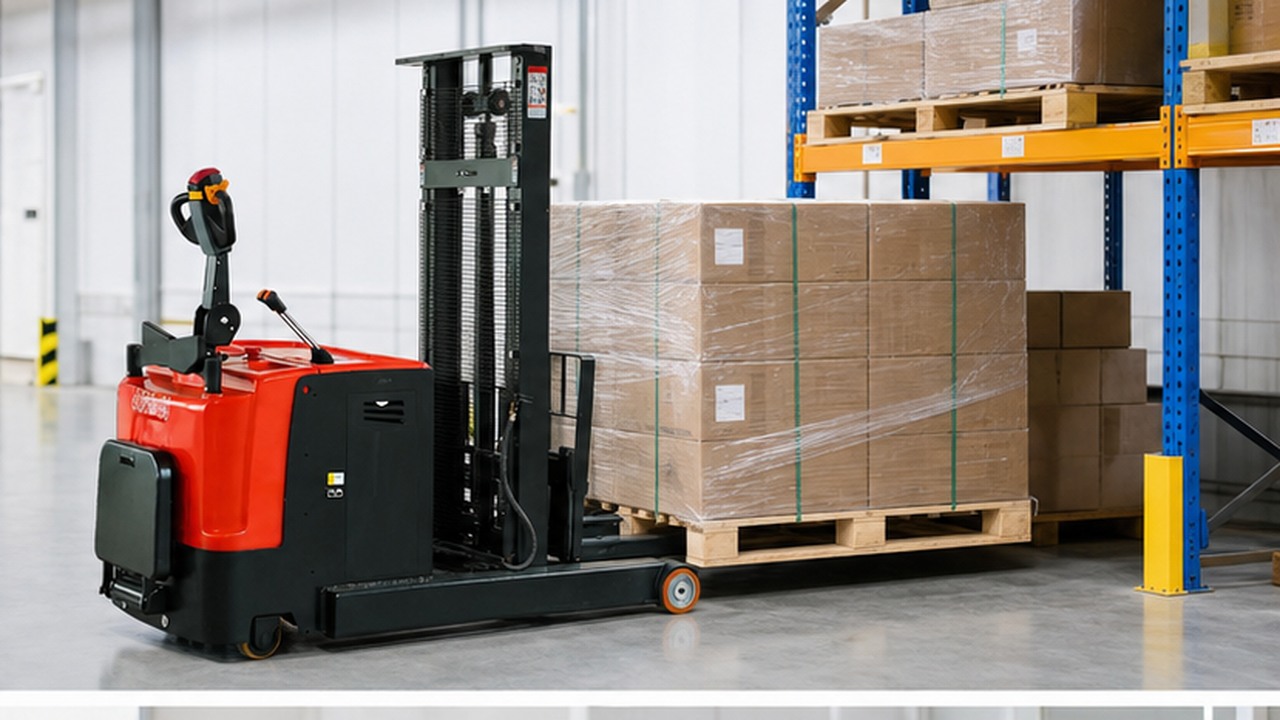 MYCDDE Electric Pallet Stacker in a bright operational scene