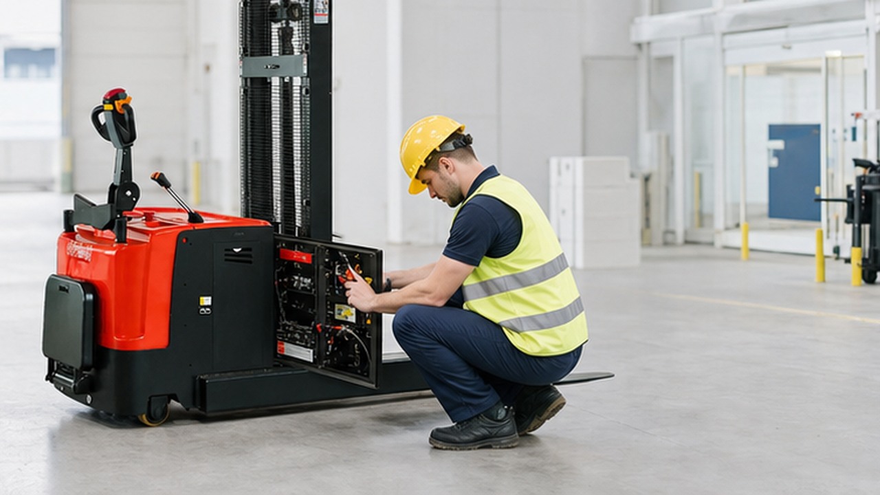MYCPDB Counterbalanced Stacker in a bright operational scene