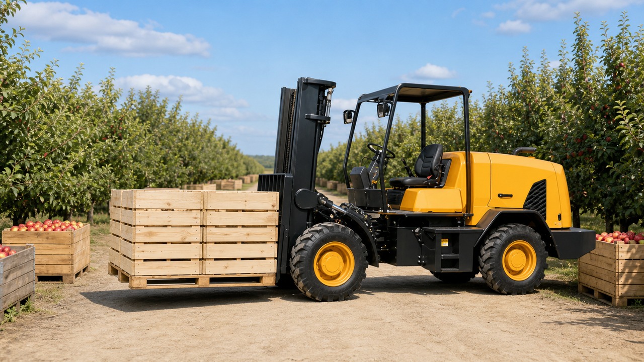 B30R rear-pivot rough-terrain forklift in an orchard packing application