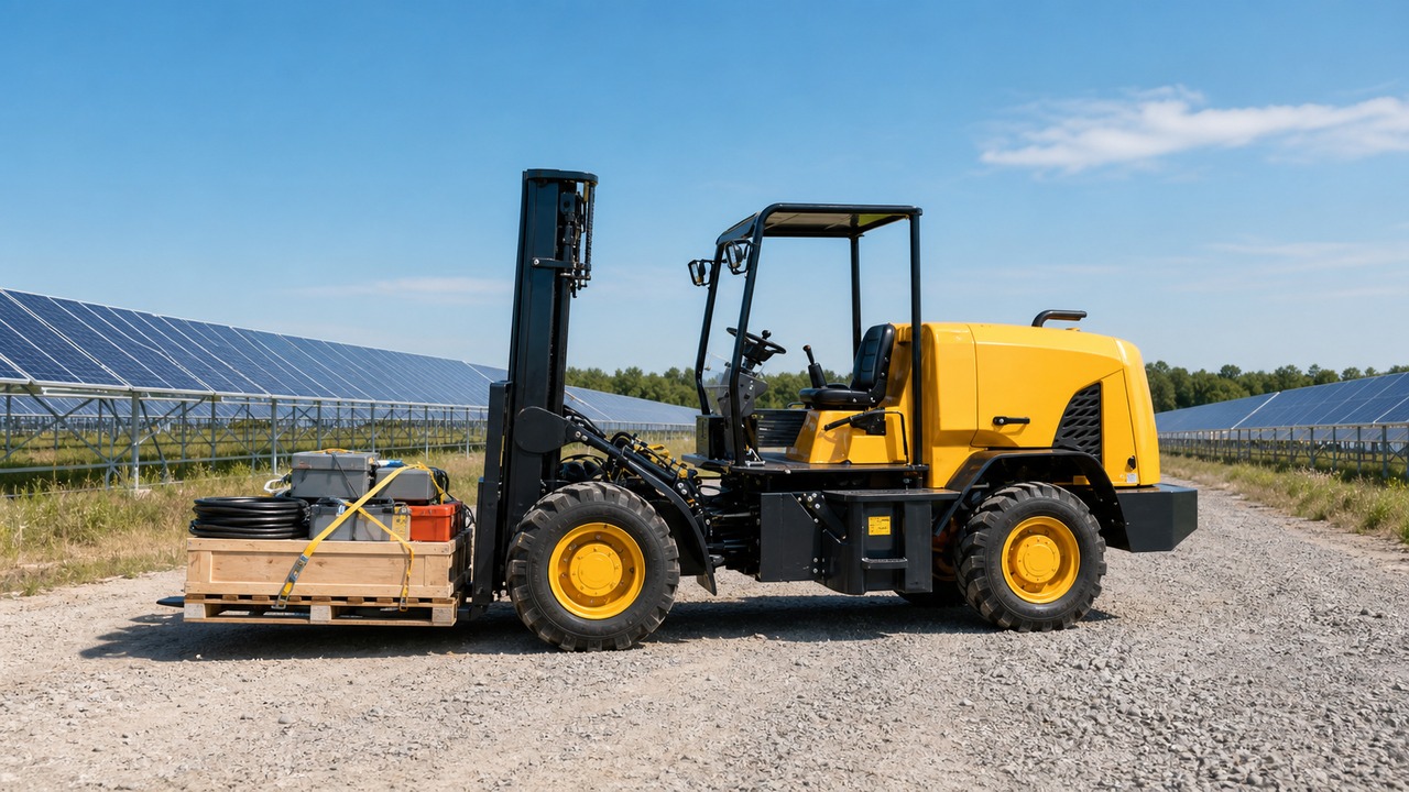 B30R rear-pivot rough-terrain forklift in a solar-farm service lane