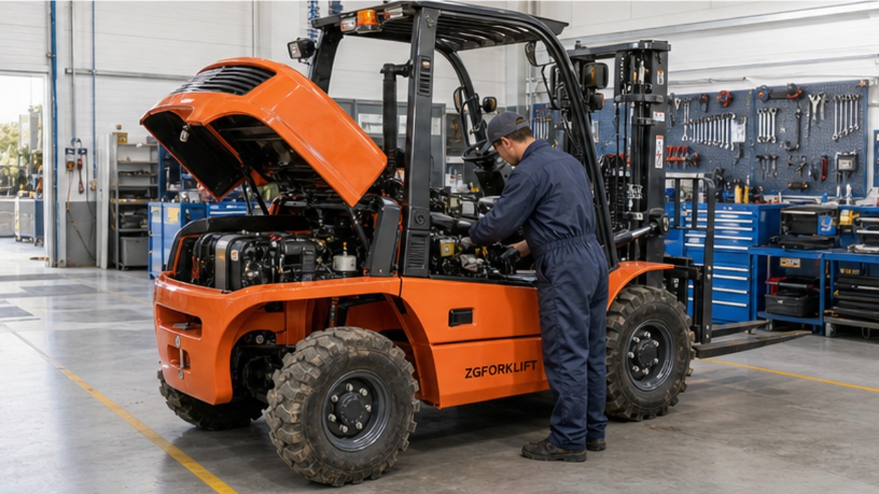 B32R rear-pivot rough-terrain forklift dealer service and maintenance scene