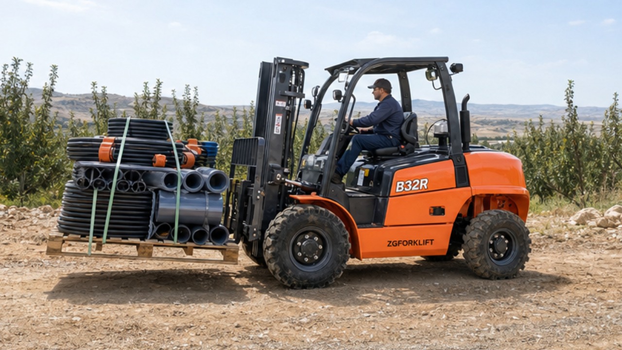 B32R rear-pivot rough-terrain forklift in a customer application scene
