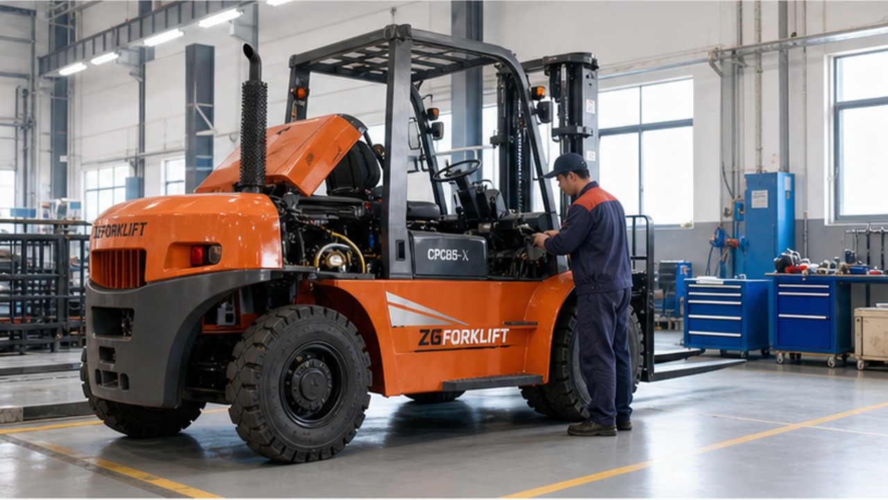 CPC85-X heavy-duty diesel forklift dealer service and maintenance scene