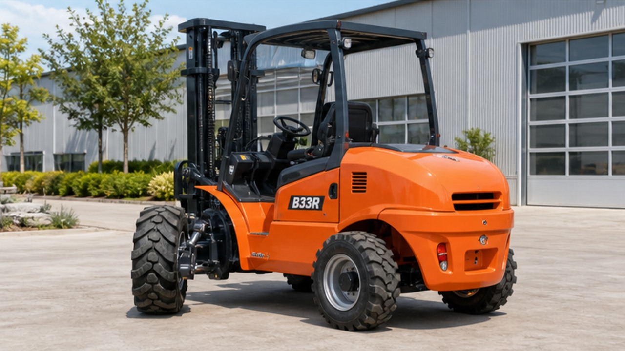 B33R rear-pivot rough-terrain forklift dealer service and maintenance scene