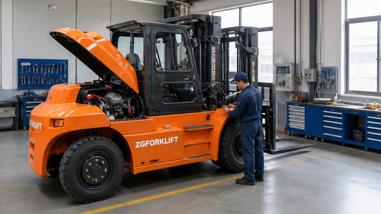 CPC90-X heavy-duty diesel forklift dealer service and maintenance scene