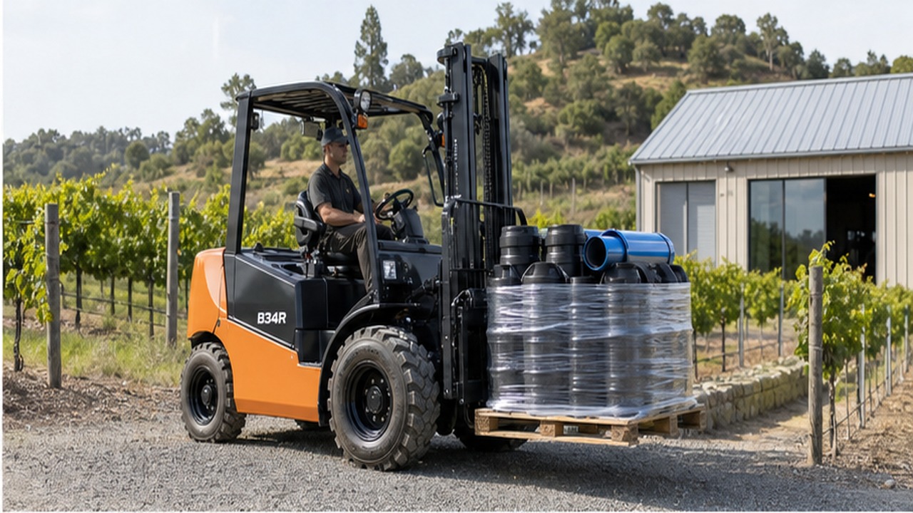 B34R rear-pivot rough-terrain forklift in a customer application scene