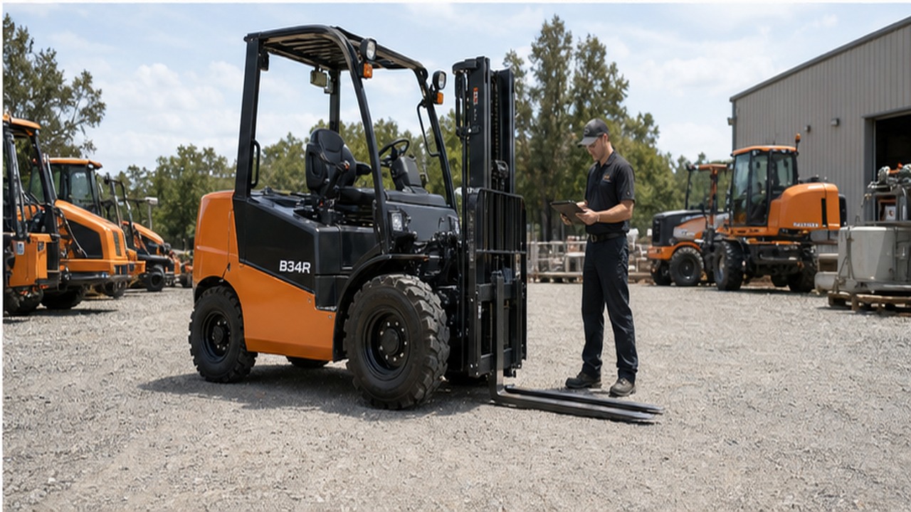 B34R rear-pivot rough-terrain forklift dealer service and maintenance scene