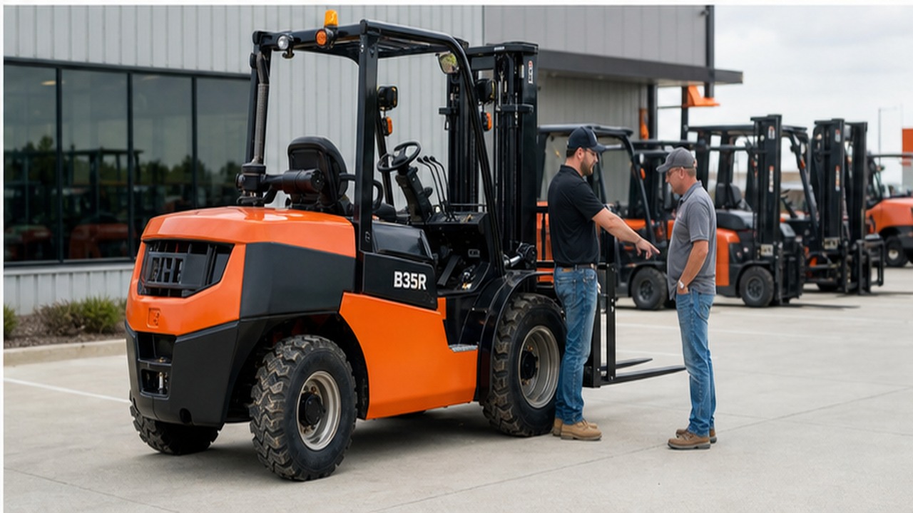 B35R rear-pivot rough-terrain forklift dealer service and maintenance scene
