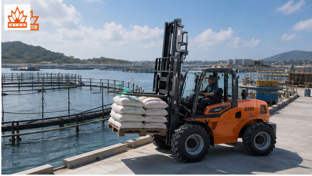 B38R rear-pivot rough-terrain forklift in a customer application scene
