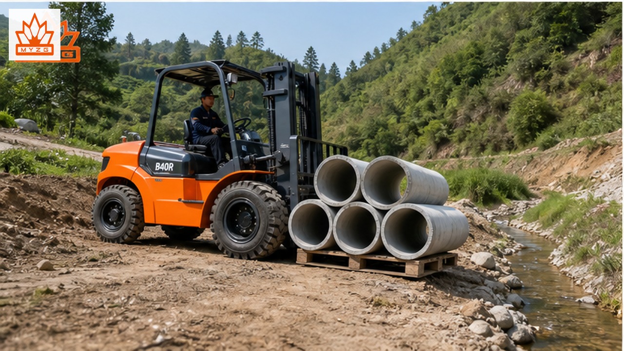 B40R rear-pivot rough-terrain forklift selection and industry scene
