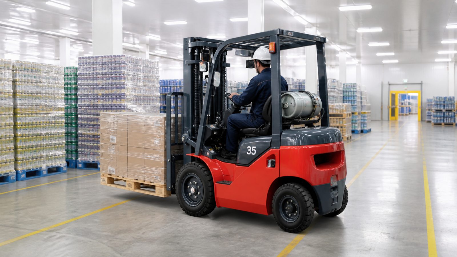 1.5 ton LPG forklift in a bright food and beverage warehouse