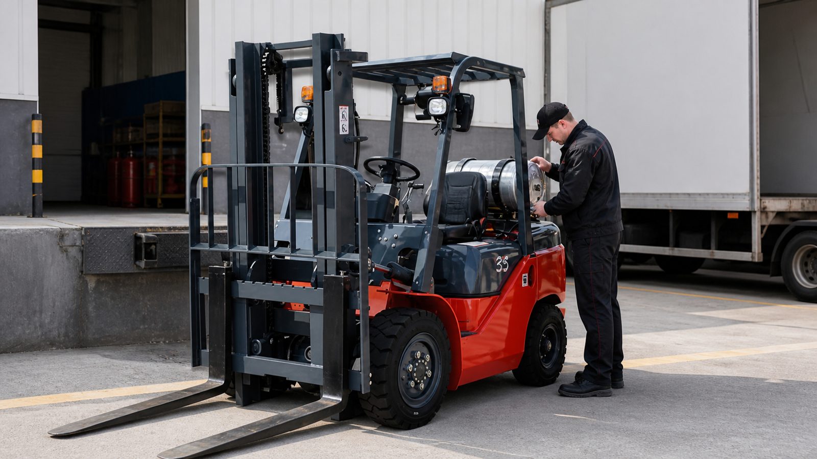 Safety inspection of the LPG cylinder area on a compact forklift